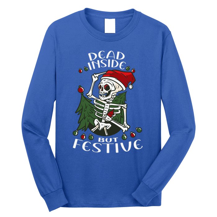 Dead Inside But Festive Drunk Christmas Skeleton Santa Funny Gift Long Sleeve Shirt