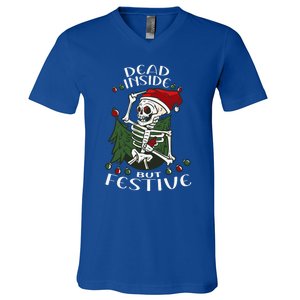 Dead Inside But Festive Drunk Christmas Skeleton Santa Funny Gift V-Neck T-Shirt