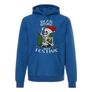 Dead Inside But Festive Drunk Christmas Skeleton Santa Funny Gift Premium Hoodie