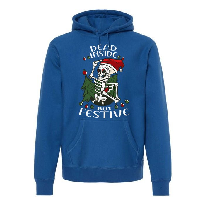 Dead Inside But Festive Drunk Christmas Skeleton Santa Funny Gift Premium Hoodie