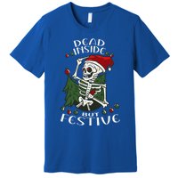 Dead Inside But Festive Drunk Christmas Skeleton Santa Funny Gift Premium T-Shirt