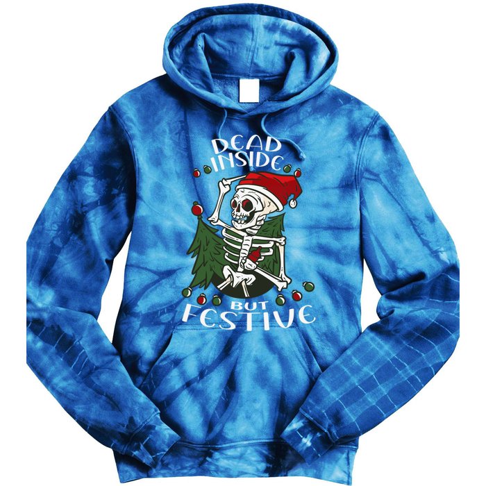 Dead Inside But Festive Drunk Christmas Skeleton Santa Funny Gift Tie Dye Hoodie