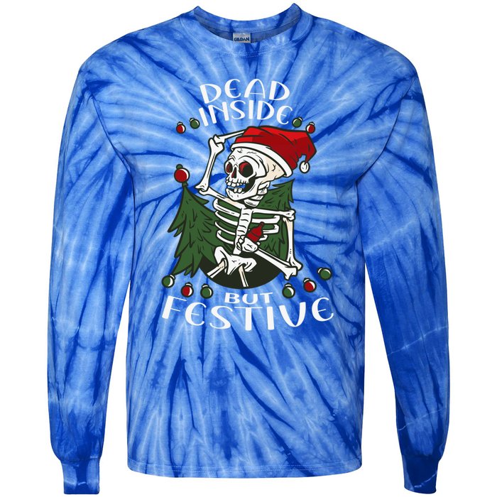 Dead Inside But Festive Drunk Christmas Skeleton Santa Funny Gift Tie-Dye Long Sleeve Shirt