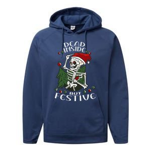 Dead Inside But Festive Drunk Christmas Skeleton Santa Funny Gift Performance Fleece Hoodie