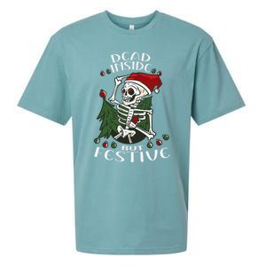 Dead Inside But Festive Drunk Christmas Skeleton Santa Funny Gift Sueded Cloud Jersey T-Shirt