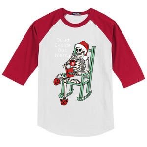 Dead Inside But Merry Funny Skeleton Coffee Christmas Gift Kids Colorblock Raglan Jersey