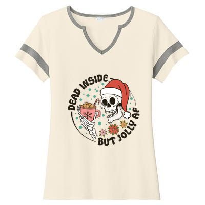 Dead Inside But Jolly Af Skeleton Xmas Santa Skull Ladies Halftime Notch Neck Tee