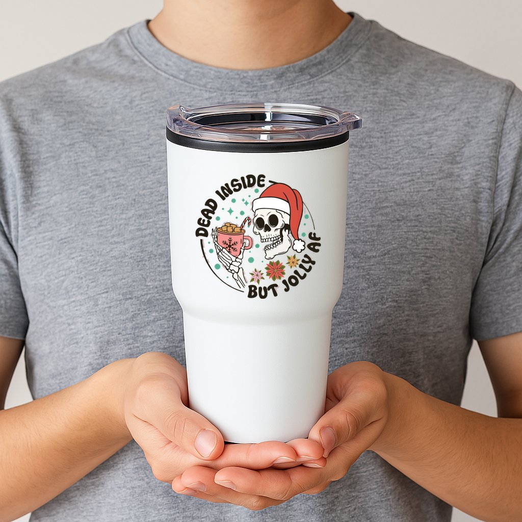 Dead Inside But Jolly Af Skeleton Xmas Santa Skull Tumbler