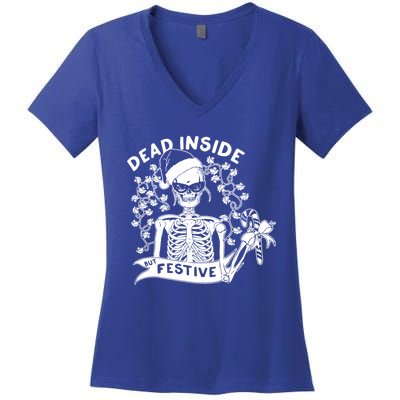 Dead Inside But Festive Funny Skeleton Christmas Graphic Cool Gift Women's V-Neck T-Shirt