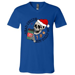 Dead Inside But Jolly Af Funny Skeleton Ing Coffee Xmas Cool Gift V-Neck T-Shirt