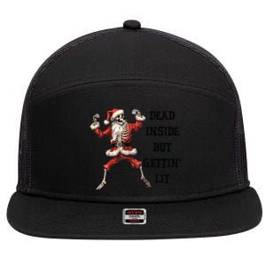 Dead Inside But Gettin Lit Funny Santa Skeleton Gift 7 Panel Mesh Trucker Snapback Hat