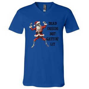 Dead Inside But Gettin Lit Funny Santa Skeleton Gift V-Neck T-Shirt