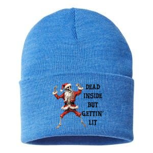 Dead Inside But Gettin Lit Funny Santa Skeleton Gift Sustainable Knit Beanie