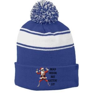 Dead Inside But Gettin Lit Funny Santa Skeleton Gift Stripe Pom Pom Beanie