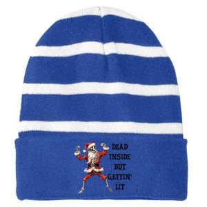 Dead Inside But Gettin Lit Funny Santa Skeleton Gift Striped Beanie with Solid Band