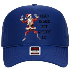 Dead Inside But Gettin Lit Funny Santa Skeleton Gift High Crown Mesh Back Trucker Hat