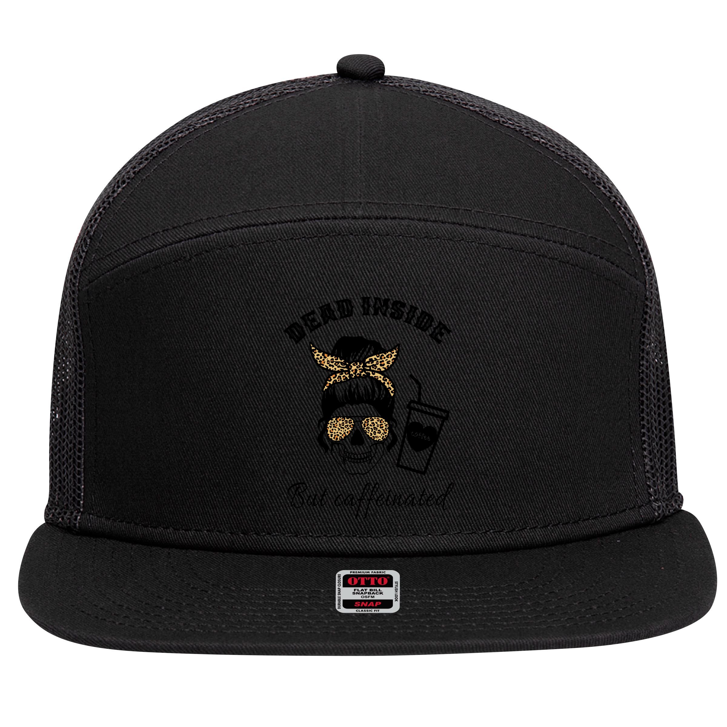 Dead Inside But Caffeinated 7 Panel Mesh Trucker Snapback Hat