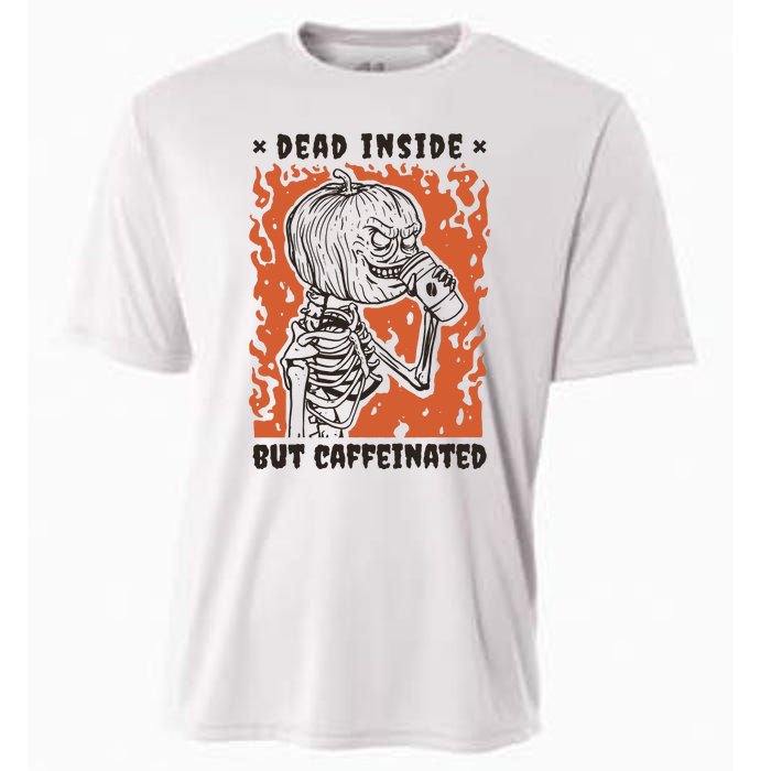 Dead Inside But Caffeinated Pumpkin Skeleton Cooling Performance Crew T-Shirt