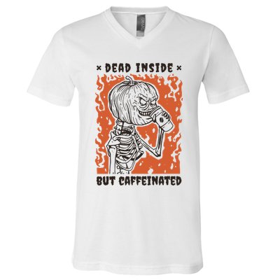 Dead Inside But Caffeinated Pumpkin Skeleton V-Neck T-Shirt