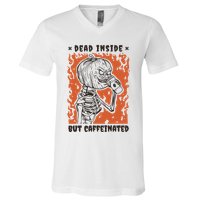 Dead Inside But Caffeinated Pumpkin Skeleton V-Neck T-Shirt