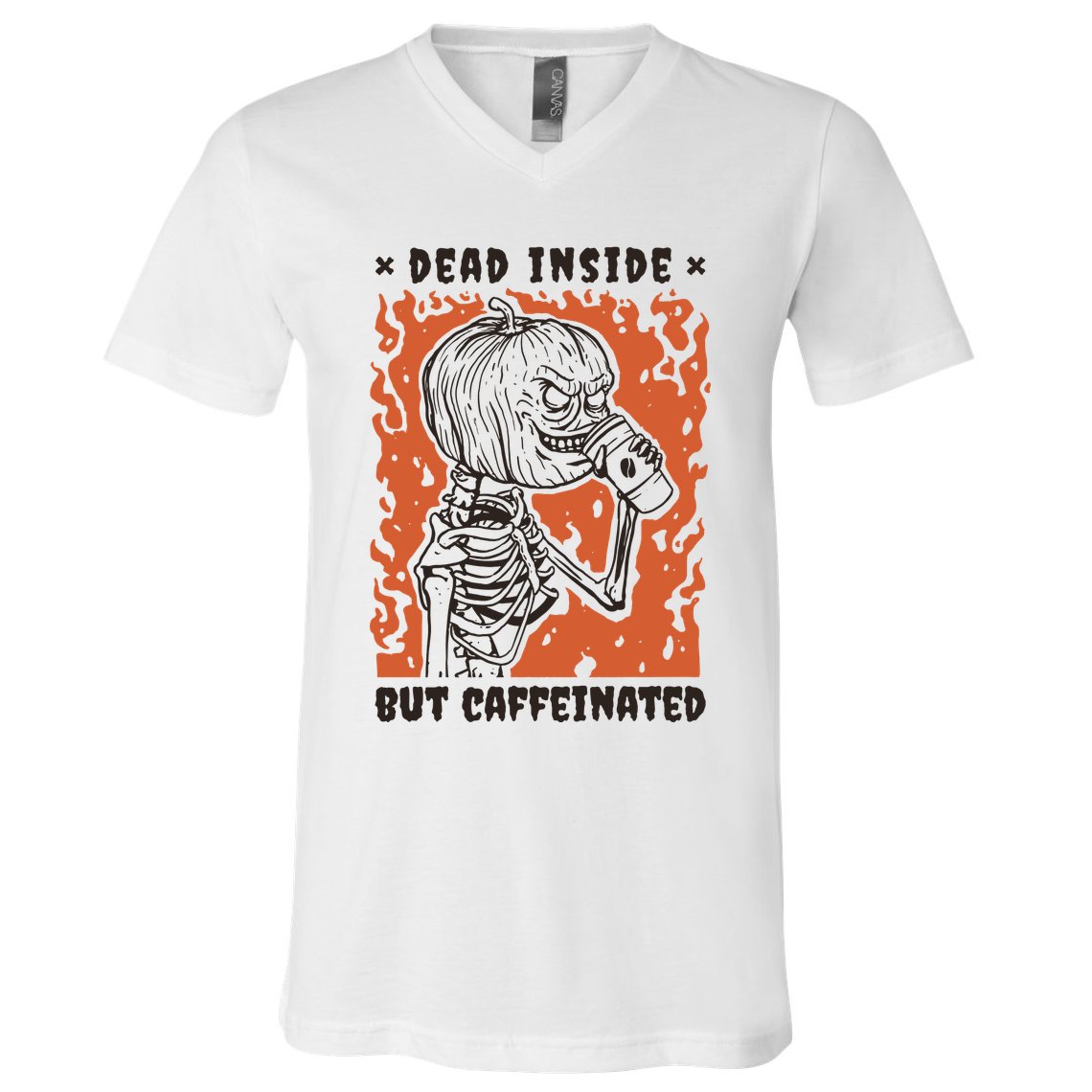 Dead Inside But Caffeinated Pumpkin Skeleton V-Neck T-Shirt
