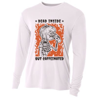 Dead Inside But Caffeinated Pumpkin Skeleton Cooling Performance Long Sleeve Crew