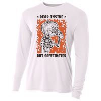 Dead Inside But Caffeinated Pumpkin Skeleton Cooling Performance Long Sleeve Crew