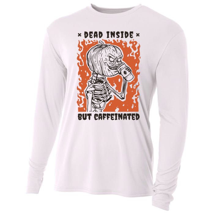 Dead Inside But Caffeinated Pumpkin Skeleton Cooling Performance Long Sleeve Crew