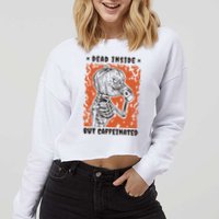 Dead Inside But Caffeinated Pumpkin Skeleton Cropped Pullover Crew