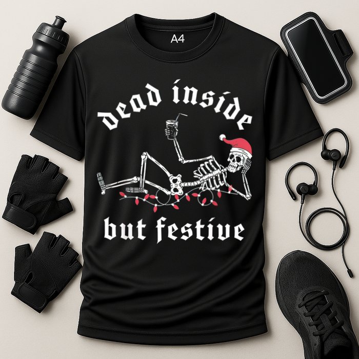 Dead Inside But Festive Christmas Skeleton Drinking Love Cooling Performance Crew T-Shirt
