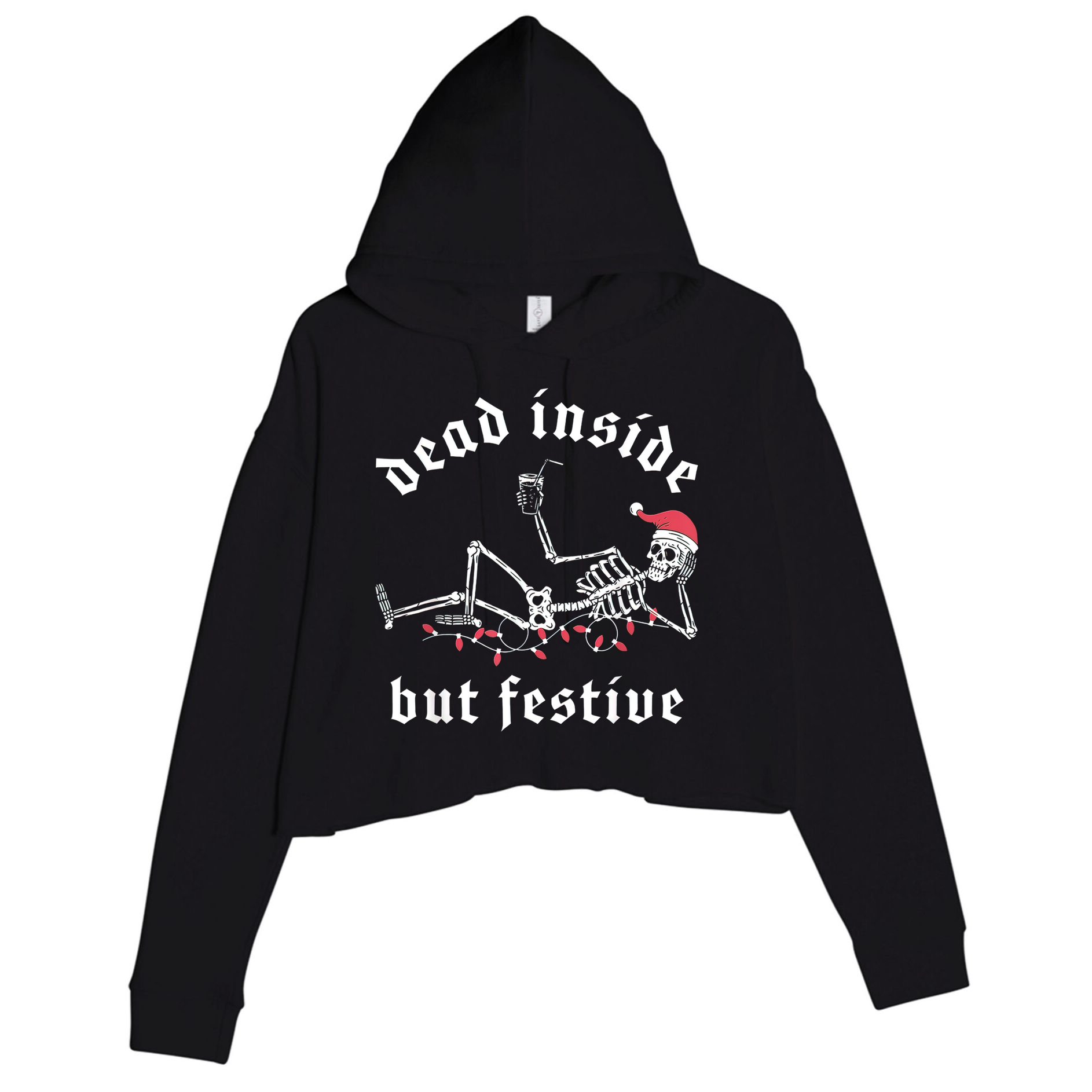 Dead Inside But Festive Christmas Skeleton Drinking Love Crop Fleece Hoodie