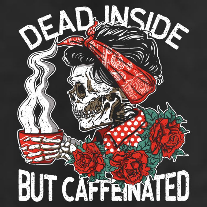Dead Inside But Caffeinated Skeleton Coffee 7 Panel Mesh Trucker Snapback Hat