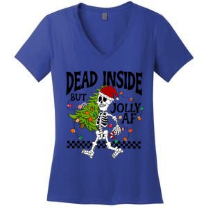 Dead Inside But Jolly Af Funny Skeleton Christmas Tree Retro Gift Women's V-Neck T-Shirt