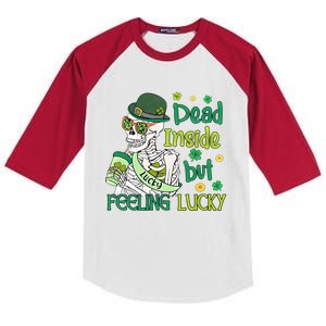 Dead Inside But Feeling Lucky Funny Skeleton St Patricks Day Gift Kids Colorblock Raglan Jersey