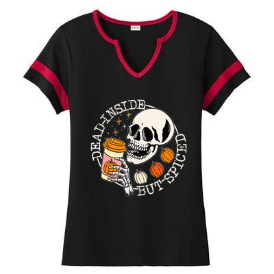 Dead Inside But Spiced Pumpkin Skull Drinking Fall Halloween Ladies Halftime Notch Neck Tee