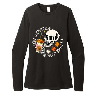 Dead Inside But Spiced Pumpkin Skull Drinking Fall Halloween Womens CVC Long Sleeve Shirt