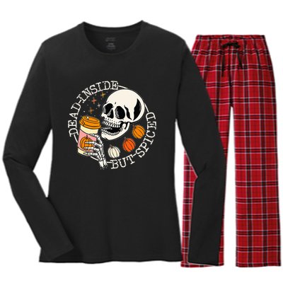 Dead Inside But Spiced Pumpkin Skull Drinking Fall Halloween Women's Long Sleeve Flannel Pajama Set 