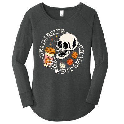 Dead Inside But Spiced Pumpkin Skull Drinking Fall Halloween Women's Perfect Tri Tunic Long Sleeve Shirt