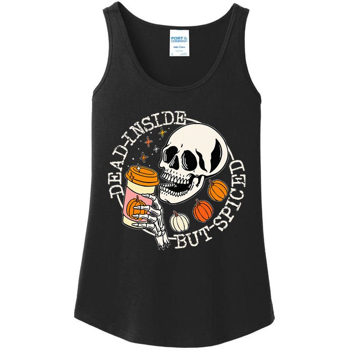 Dead Inside But Spiced Pumpkin Skull Drinking Fall Halloween Ladies Essential Tank