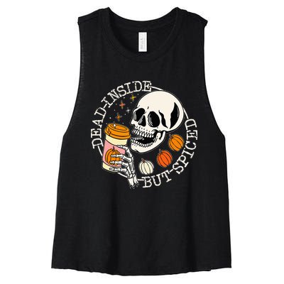 Dead Inside But Spiced Pumpkin Skull Drinking Fall Halloween Women's Racerback Cropped Tank