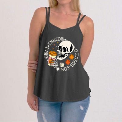 Dead Inside But Spiced Pumpkin Skull Drinking Fall Halloween Women's Strappy Tank