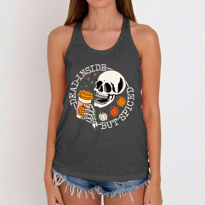 Dead Inside But Spiced Pumpkin Skull Drinking Fall Halloween Women's Knotted Racerback Tank