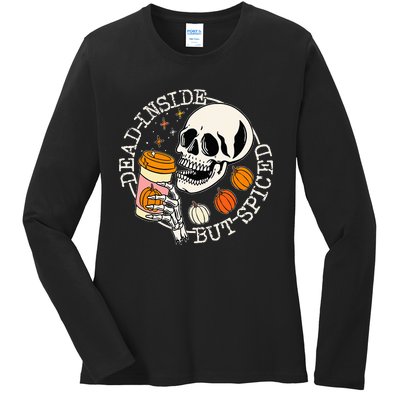 Dead Inside But Spiced Pumpkin Skull Drinking Fall Halloween Ladies Long Sleeve Shirt