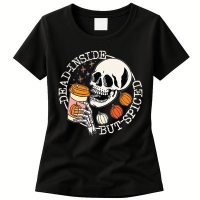 Dead Inside But Spiced Pumpkin Skull Drinking Fall Halloween Women's T-Shirt