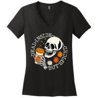 Dead Inside But Spiced Pumpkin Skull Drinking Fall Halloween Women's V-Neck T-Shirt