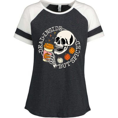 Dead Inside But Spiced Pumpkin Skull Drinking Fall Halloween Enza Ladies Jersey Colorblock Tee