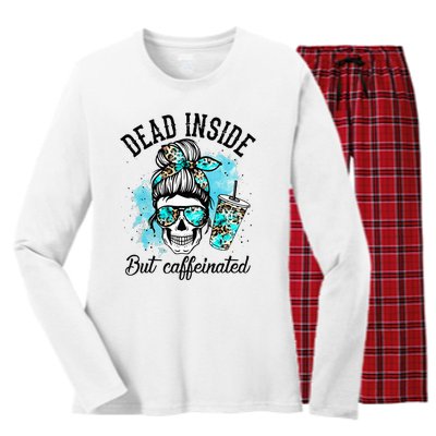 Dead Inside But Caffeinated Skeleton Skull Coffee Lover  Women's Long Sleeve Flannel Pajama Set 