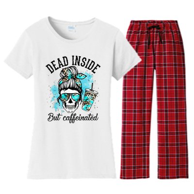 Dead Inside But Caffeinated Skeleton Skull Coffee Lover  Women's Flannel Pajama Set