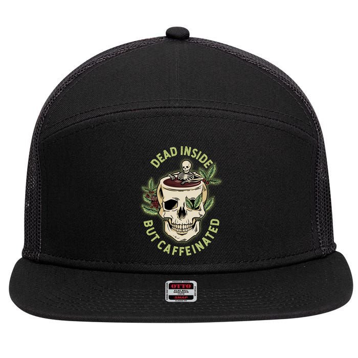 Dead Inside But Caffeinated Coffee Lover Skull Skeleton 7 Panel Mesh Trucker Snapback Hat