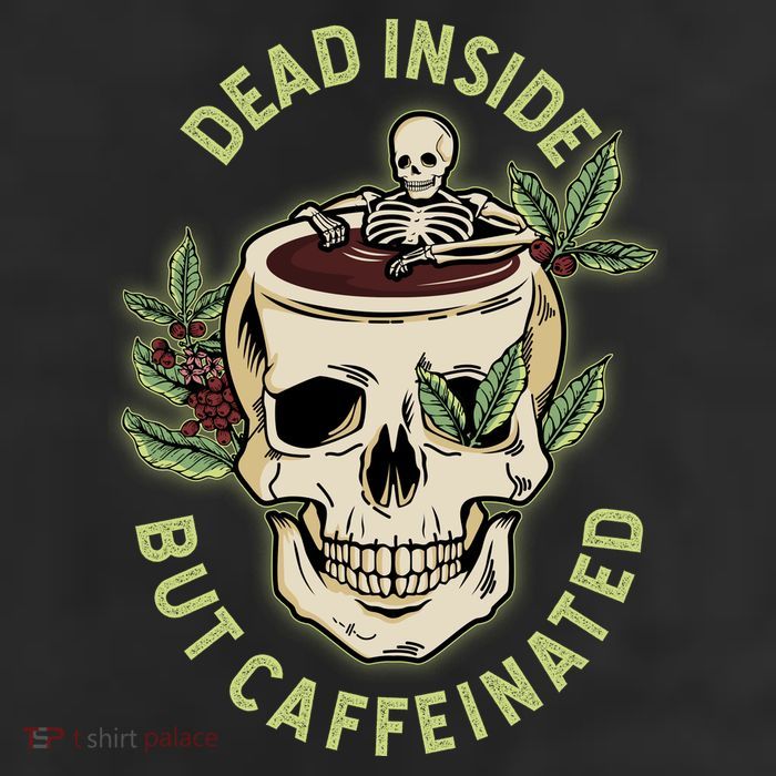 Dead Inside But Caffeinated Coffee Lover Skull Skeleton 7 Panel Mesh Trucker Snapback Hat